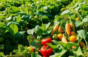 A sunlit field illustrating vibrant fruits and vegetables growing organically in lush greenery.