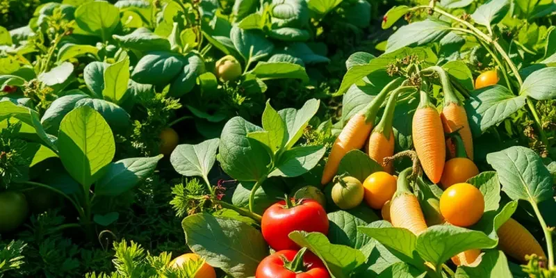 A sunlit field illustrating vibrant fruits and vegetables growing organically in lush greenery.
