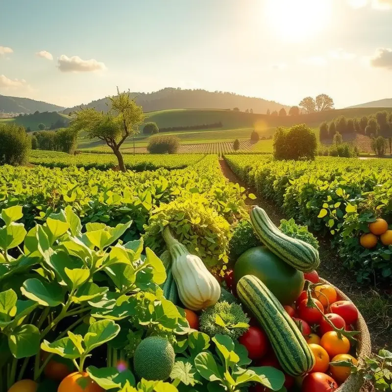 A sunlit field filled with vibrant vegetables and fruits, representing the abundance of organic produce.
