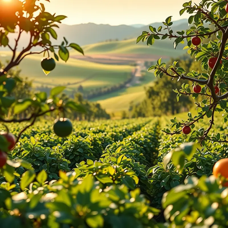 A sunlit field filled with vibrant vegetables and fruits representing mindful eating.