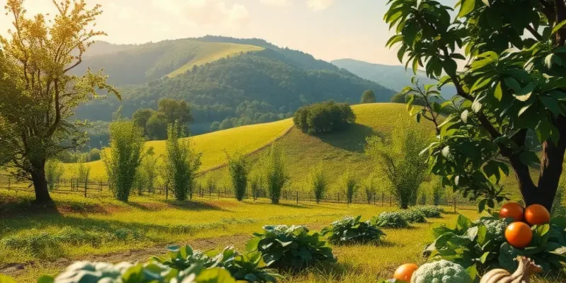 A beautifully lit field filled with organic fruits and vegetables in a serene environment.