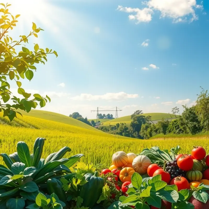A lush sunlit field brimming with vibrant organic produce.
