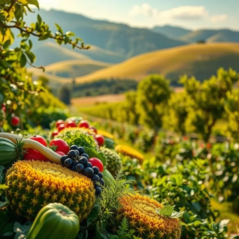 A vibrant sunlit field showcasing organic vegetables and fruits.