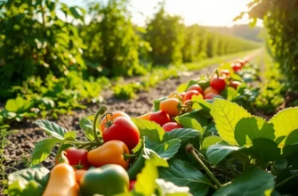A nature-focused sunlit field illustrating the abundance of fresh, organic produce amidst lush greenery.
