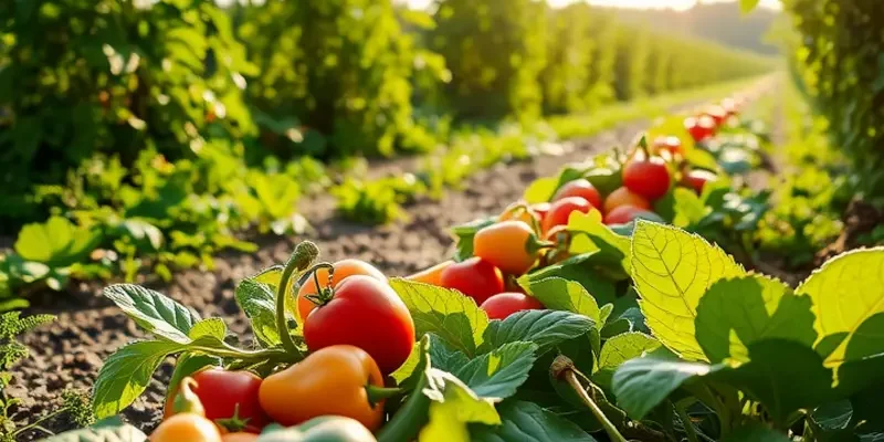 A nature-focused sunlit field illustrating the abundance of fresh, organic produce amidst lush greenery.