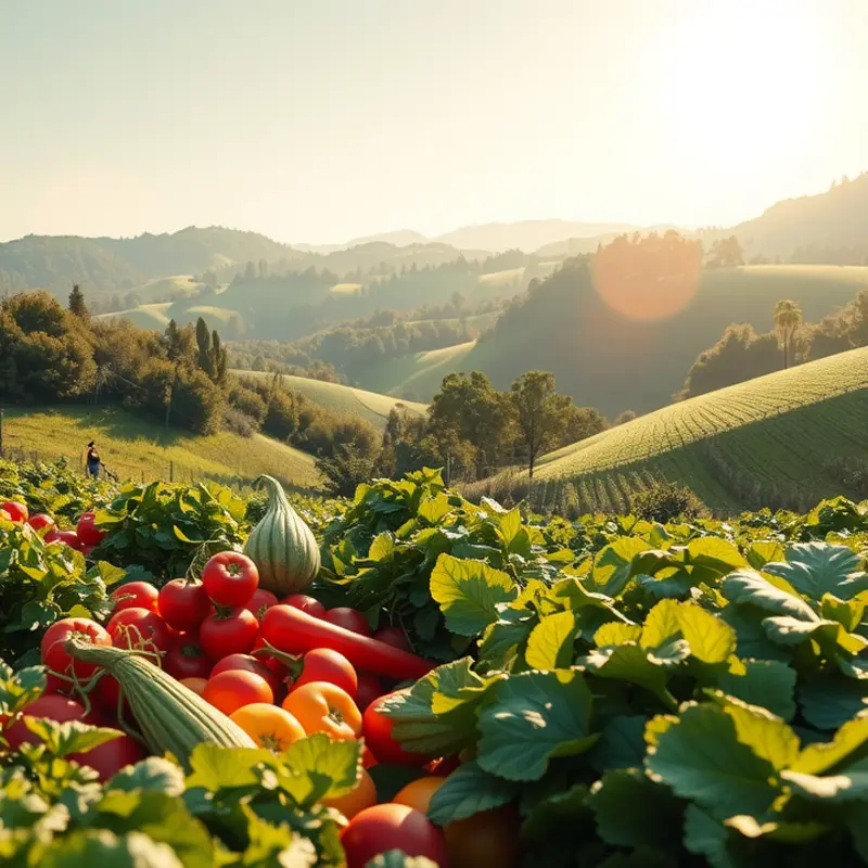 A vibrant sunlit field brimming with fresh organic produce, symbolizing the essence of plant-based eating.