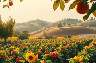 A bright, natural landscape with various organic produce basking under the sun.