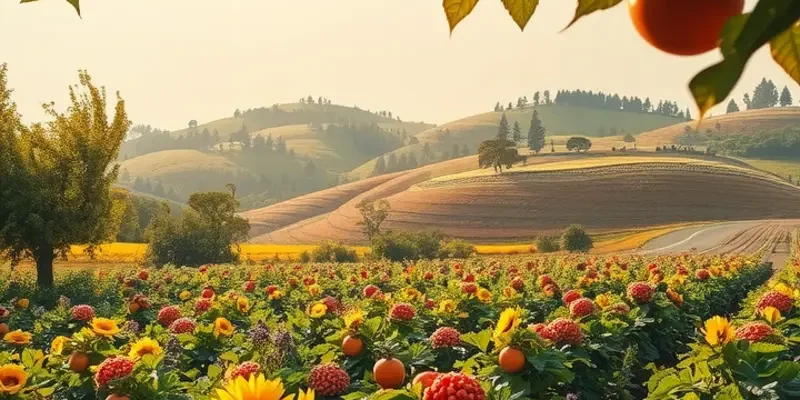 A bright, natural landscape with various organic produce basking under the sun.