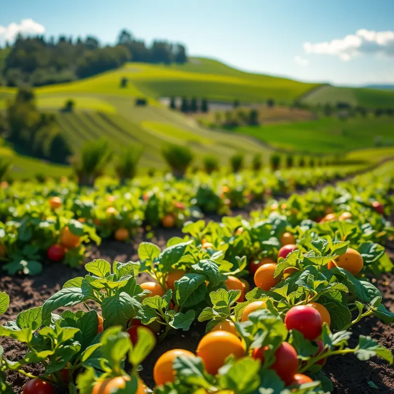 A vibrant sunlit field showcasing the abundance of organic vegetables and fruits.