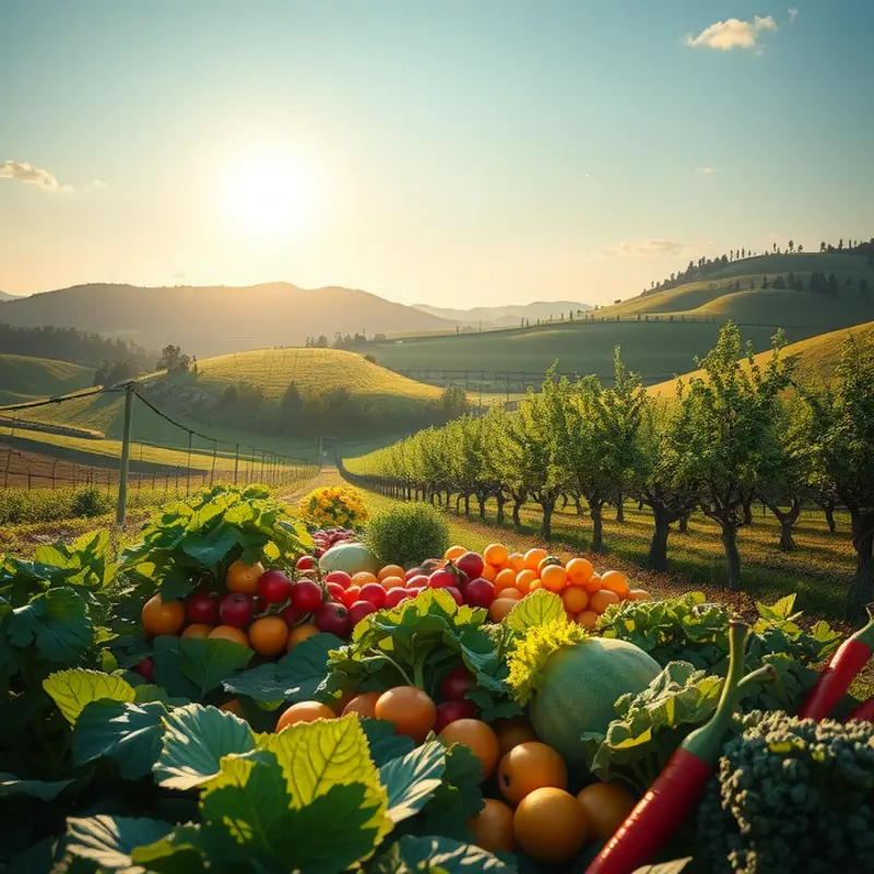 A vibrant sunlit field showcasing the beauty of organic fruits and vegetables.