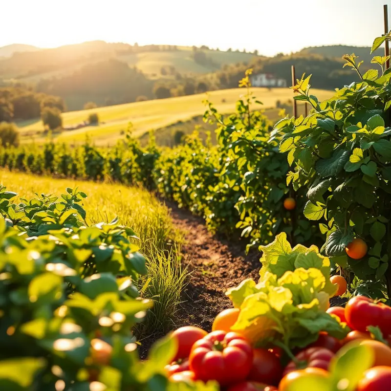 A vibrant, sunlit field overflowing with lush organic produce.