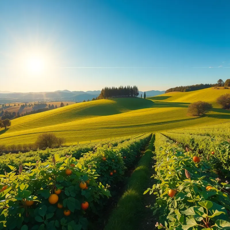 A serene sunlit field showcasing a vibrant array of organic vegetables and fruits.