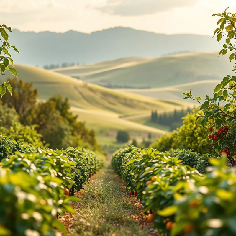 A serene landscape showcasing the beauty of organic vegetables and fruits in a sunlit field.