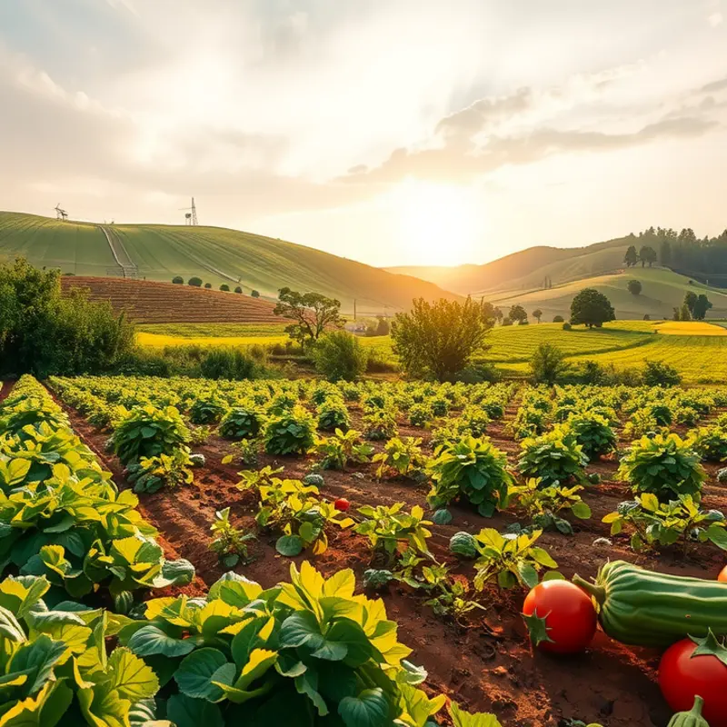 A sunlit field full of vibrant, organic fruits and vegetables.