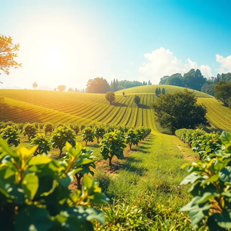A sunlit field filled with vibrant fruits and vegetables amidst lush greenery.