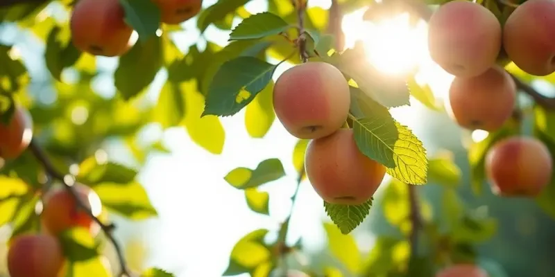 A scenic sunlit landscape brimming with organic fruits and vegetables, emphasizing the bounty of nature.