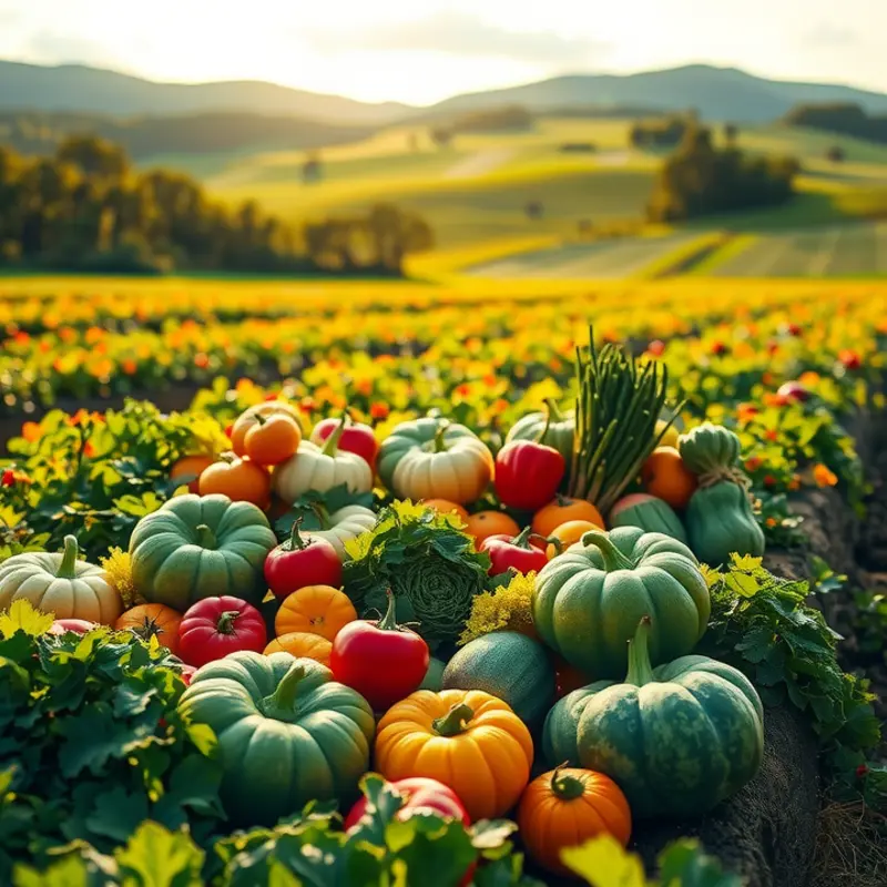 A vibrant sunlit field showcasing the abundance of organic vegetables and fruits.