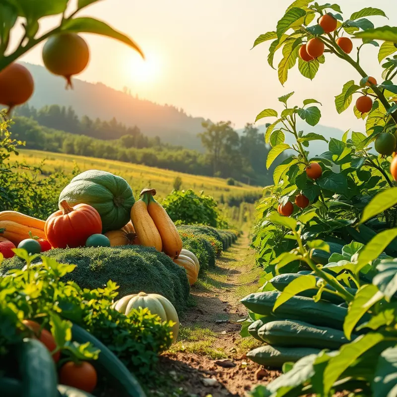 A sunlit field filled with organic fruits and vegetables.