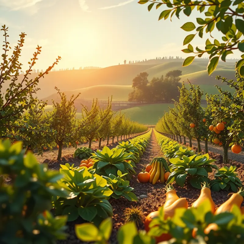 A sunlit field filled with vibrant organic vegetables and fruits among lush greenery.