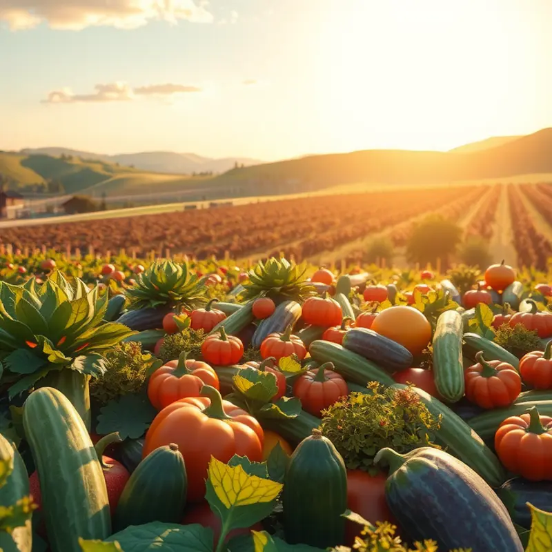 A serene sunlit field of vibrant fruits and vegetables, symbolizing the abundance of healthy choices.