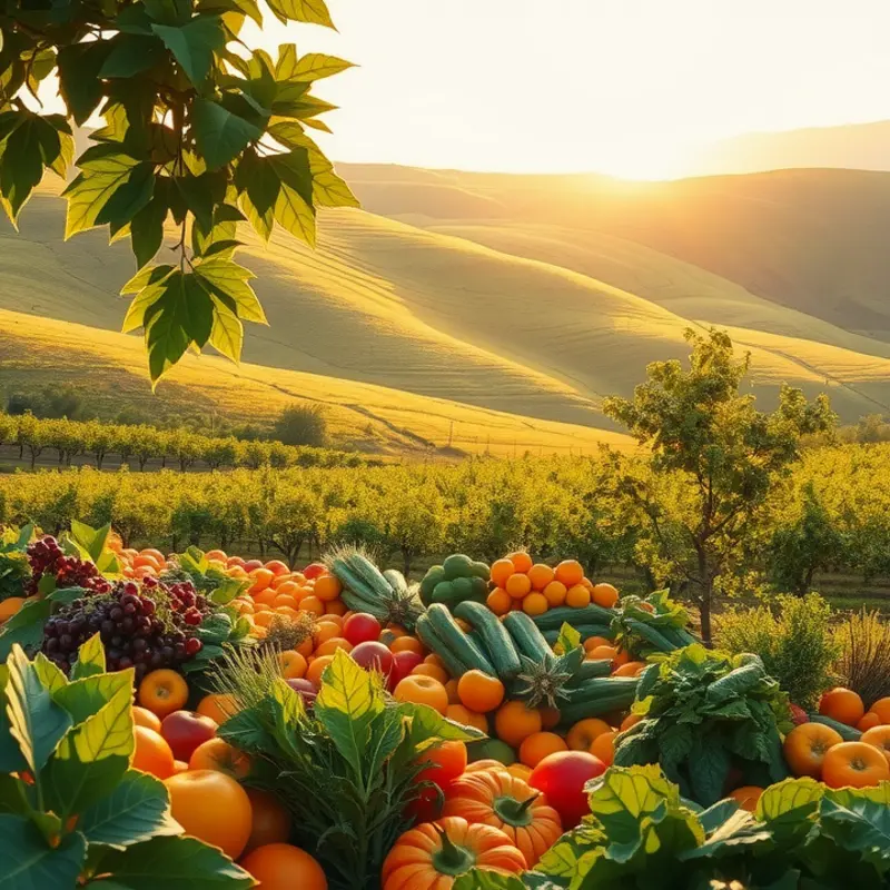 A vibrant sunlit field showcasing the abundance of organic fruits and vegetables.