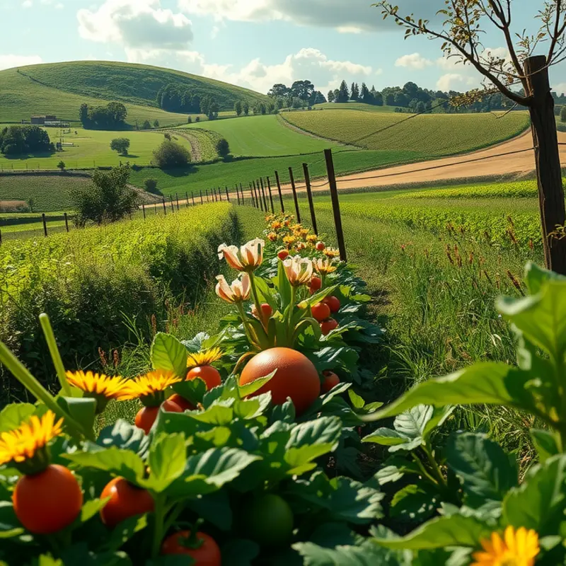 A sunlit field brimming with vibrant vegetables and fruits.