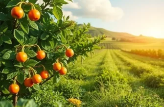 A scenic field with colorful vegetables and fruits growing in a natural environment.