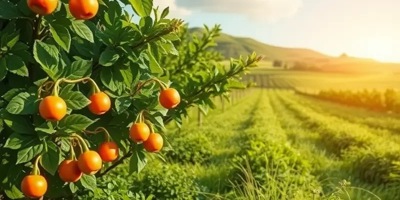 A scenic field with colorful vegetables and fruits growing in a natural environment.