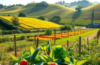 A vibrant sunlit field filled with fresh organic fruits and vegetables under gentle sunlight.