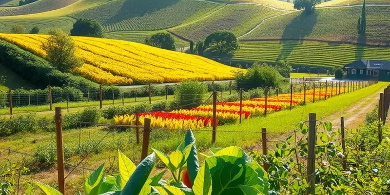 A vibrant sunlit field filled with fresh organic fruits and vegetables under gentle sunlight.