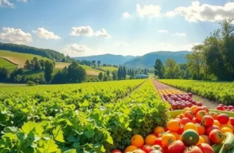 A scenic view of a sunlit field filled with colorful organic vegetables and fruits amidst lush greenery.