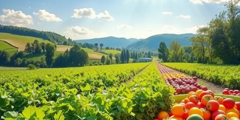 A scenic view of a sunlit field filled with colorful organic vegetables and fruits amidst lush greenery.