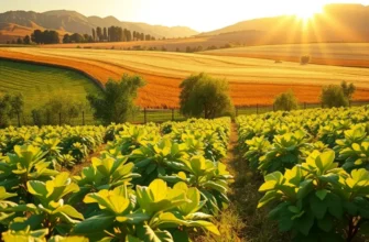 A bright sunlit field filled with rich, organic vegetables and fruits growing in lush greenery.