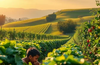 A scenic view of a lush organic field filled with vibrant vegetables and fruits.