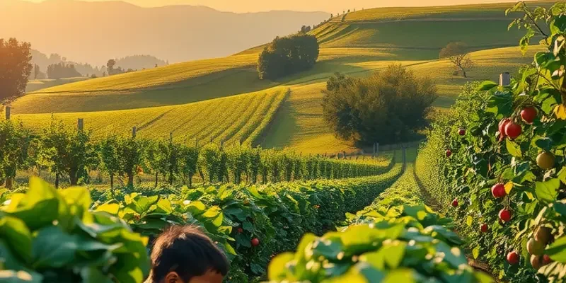 A scenic view of a lush organic field filled with vibrant vegetables and fruits.