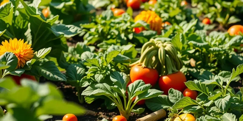 A sunny field filled with colorful vegetables and fruits indicating healthy meal possibilities.