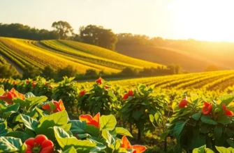 A beautiful organic landscape filled with fruits and vegetables under bright sunlight.