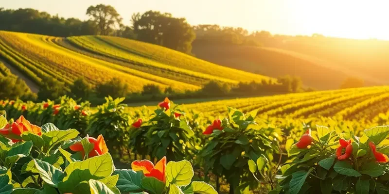 A beautiful organic landscape filled with fruits and vegetables under bright sunlight.