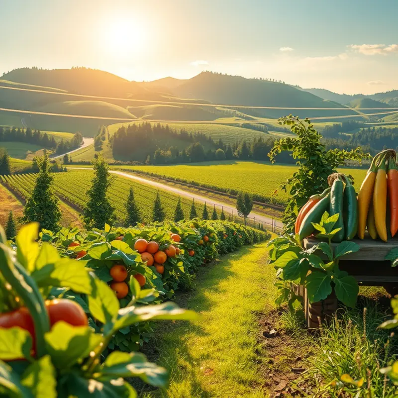 A vibrant sunlit field showcasing an abundance of organic fruits and vegetables.