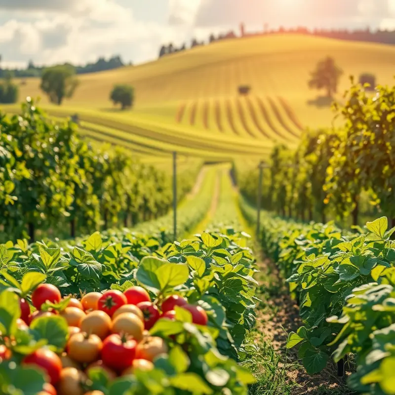 A vibrant sunlit field showcasing fresh organic vegetables.