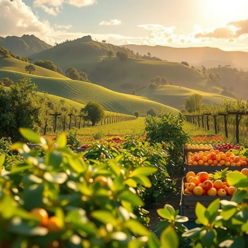 A lush, sunlit field showcasing vibrant fruits and vegetables.