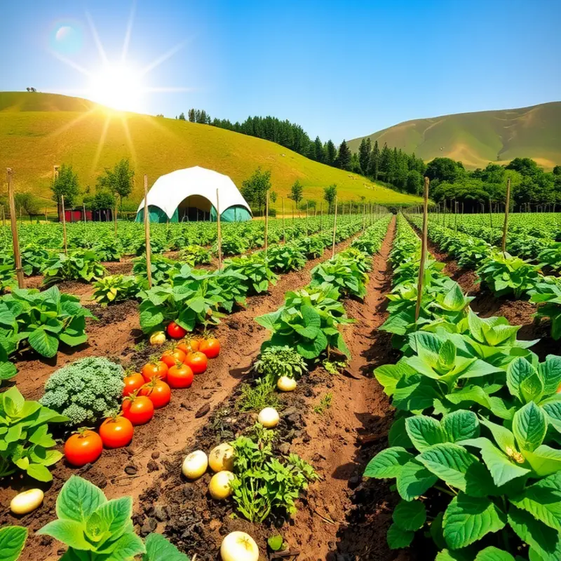 A vibrant field filled with fresh vegetables and fruits, representing the abundance of healthy eating.
