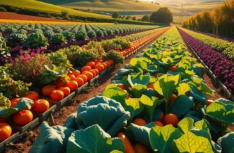 A scenic view of a sunlit field abundant with organic fruits and vegetables, emphasizing fresh produce.