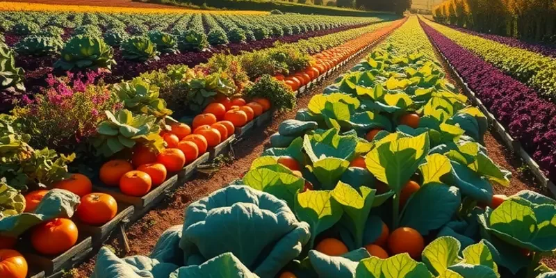 A scenic view of a sunlit field abundant with organic fruits and vegetables, emphasizing fresh produce.