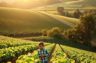A beautiful sunlit landscape of an organic field filled with fresh fruits and vegetables.