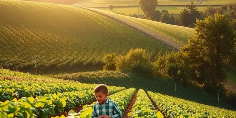 A beautiful sunlit landscape of an organic field filled with fresh fruits and vegetables.