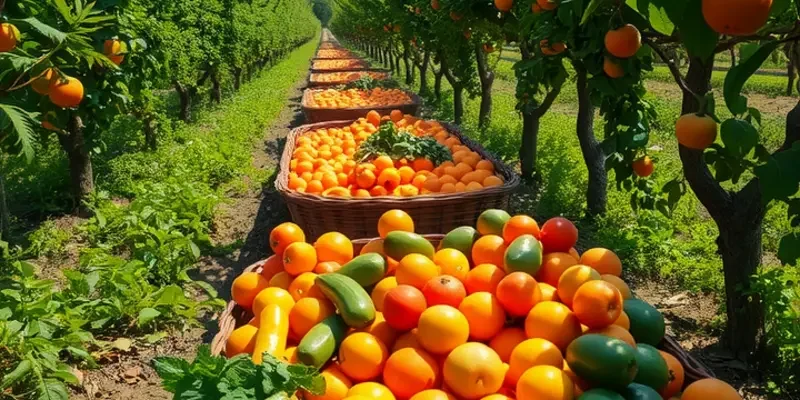 A bright, sunny field filled with various fruits and vegetables, exemplifying the raw vegan diet.