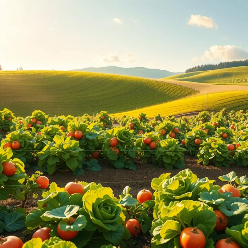A lush sunlit field filled with healthy, organic produce.