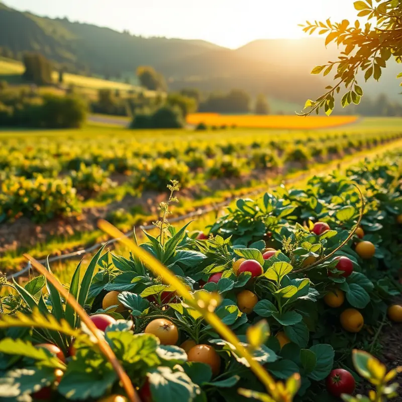 A sunlit field showcasing vibrant vegetables and fruits in harmony with nature.