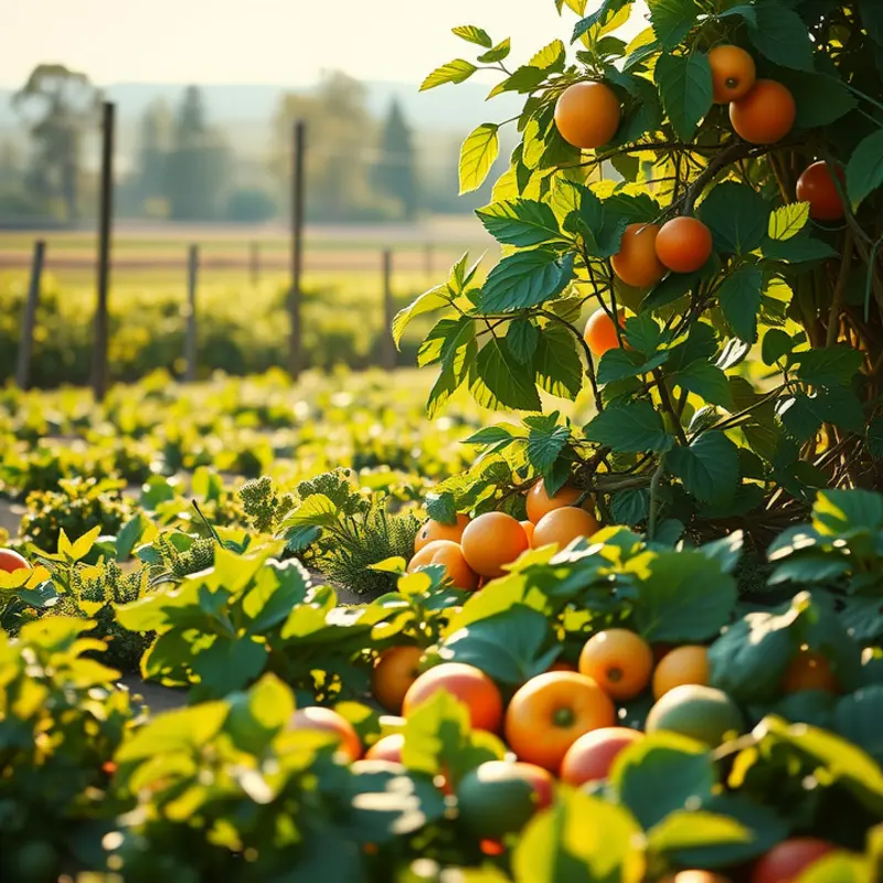 A sunlit field filled with healthy vegetables and fruits, representing the vitality of carbohydrates.